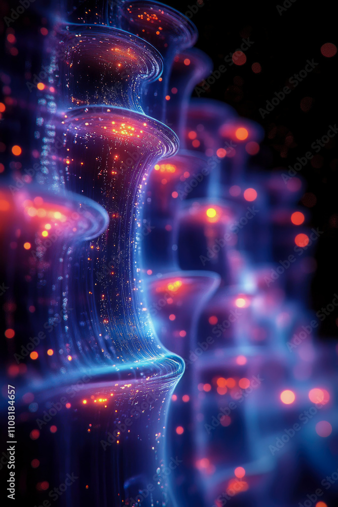 Poster glowing, colorful abstract structures rise against a dark background, illuminated by vibrant lights 