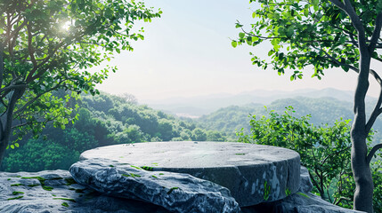 Flat Small Stone Podium Rock Platform 3D Illustration Gray Rock Pedestal Product Display Green Forest