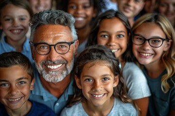 Fototapeta premium Diverse Group of People Smiling and Laughing, Including a Well-Groomed Man with Glasses, a Beautiful Woman in Eyeglasses, and a Young Man