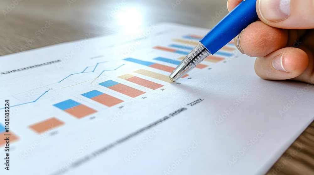 Poster a person examines various graphs and charts on a printed document while holding a blue pen, focusing