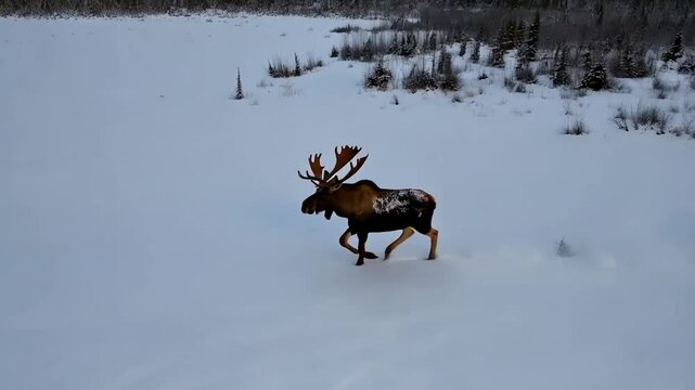 Aerial shot of a lone bull moose running across the snowy Alaskan tundra, showcasing its majestic movement.
