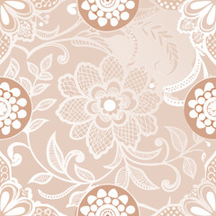 Delicate white lace seamless pattern with floral motifs on soft background