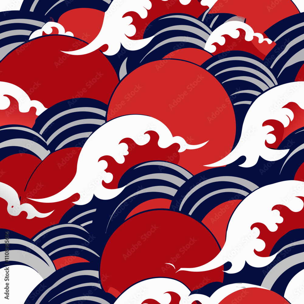 Poster Stylish seamless japanese wave pattern with bold colors and dynamic shapes