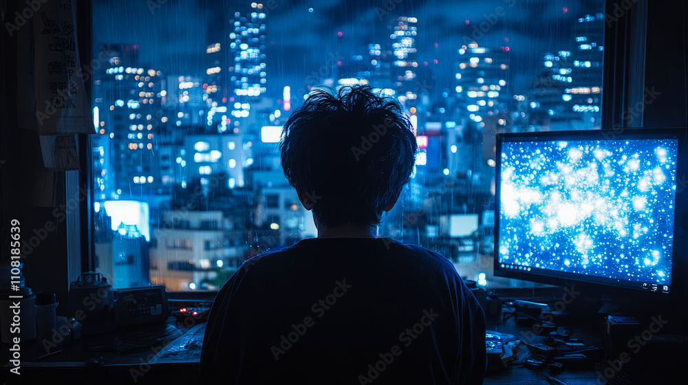 Aufkleber a person is focused on a computer screen displaying a starry design while observing a colorful city 