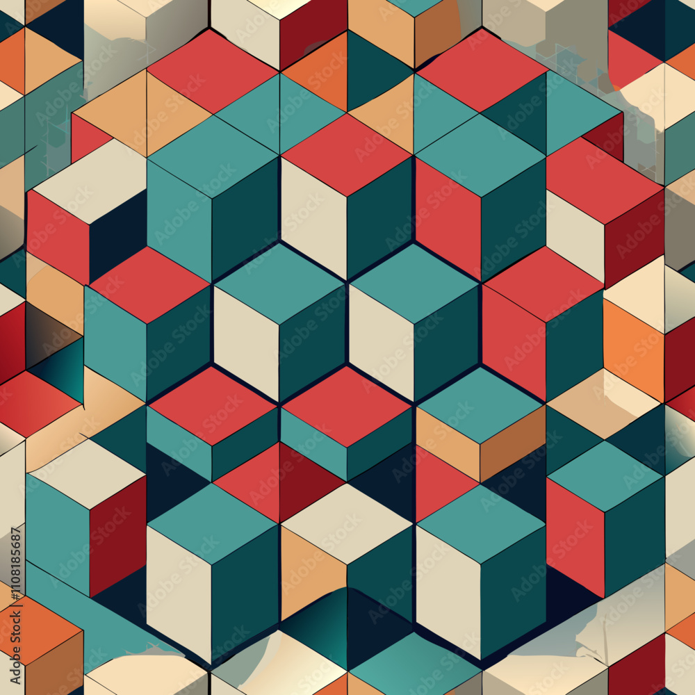 Aufkleber abstract seamless cube pattern in blue and orange for modern design projects