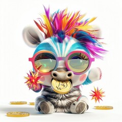 Fototapeta premium A playful zebra with vibrant hair, enjoying shiny coins in a whimsical setting, brightening the day