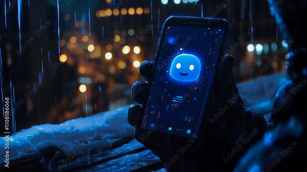 Poster a person holds a smartphone displaying a cheerful blue character while raindrops cascade, creating a