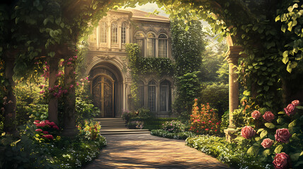 Obraz premium Exploring the majestic victorian mansion with a grand entrance in a lush garden setting. victorian garden pathway. illustration. Majestic. Illustration
