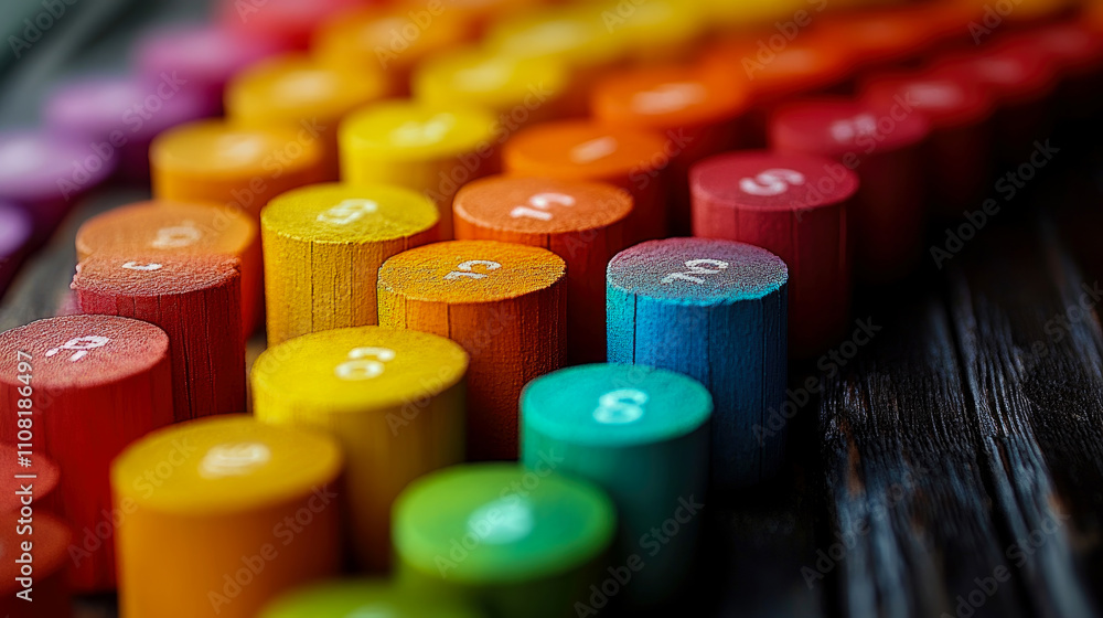 Poster Colorful wooden counting blocks are neatly aligned in a gradient pattern, showcasing various numbers on a dark wooden tabletop