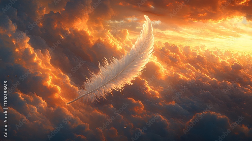 Poster scene where a single white feather floats gracefully against a backdrop of soft clouds and a sky pai