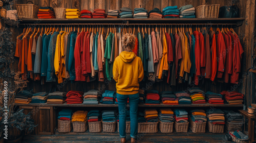 Poster individual explores a vibrant array of sweaters in a rustic shop filled with warm autumn colors and 