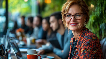 A woman with glasses sits at a table in a modern cafe, smiling as colleagues engage in work around her during a busy afternoon setting