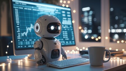Fototapeta premium Robot Analyzing Financial Data on Screens with Coffee Cup Nearby