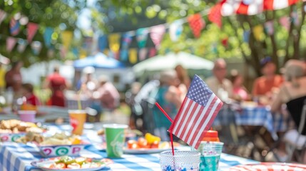 Celebrating independence day  family and friends gather with american flag at memorial day barbecue