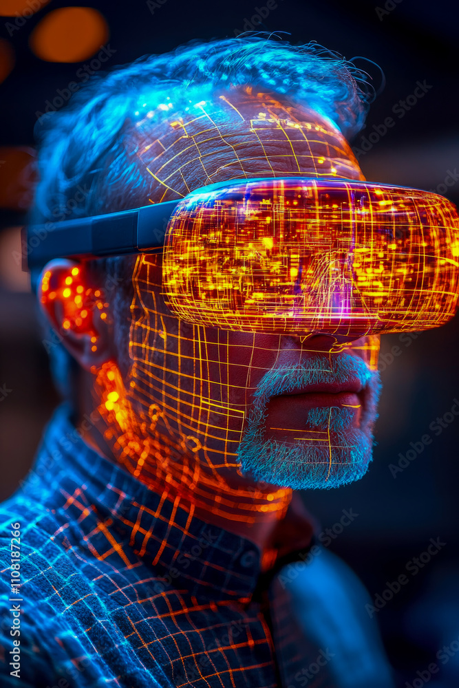 Poster man engages with immersive virtual reality experience, surrounded by vibrant colors and digital patt