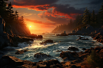 Obraz premium cliff on the ocean shore dawn landscape,. 