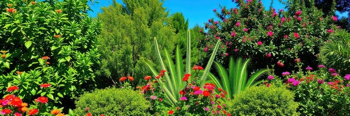 A vibrant and colorful outdoor background featuring lush greenery, blooming flowers, and a clear blue sky, tranquil, scenic