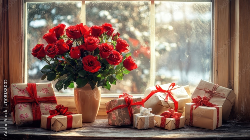 Poster a window sill with a vase of red roses and several wrapped presents