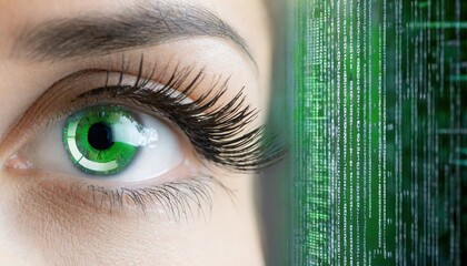 A close-up of a human eye enhanced with green digital matrix elements, symbolizing technology integration with human vision in a futuristic concept