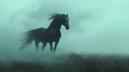 Obraz premium A black horse stands in a field of mist, its mane and tail flowing in the wind, creating a majestic and mysterious scene. Majestic. Illustration