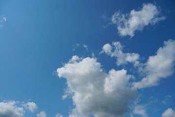 Fototapeta premium White fluffy clouds in the sky. Blue sky and cloud cover on a sunny summer day. Empty background, copy space