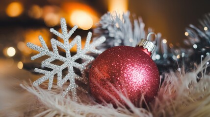 Red Glittery Bauble With Silver Tinsel in a Festive Christmas Scene