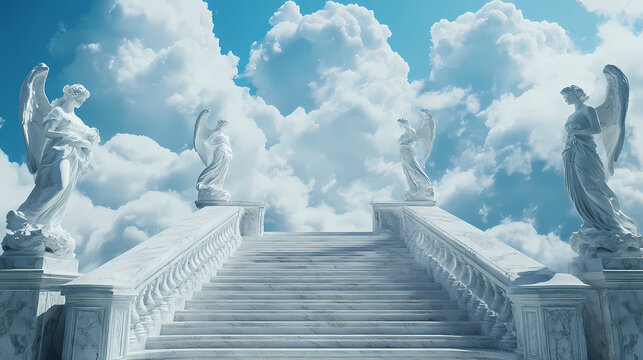 A majestic marble staircase leads upward into the clouds, flanked by angelic statues on each side, symbolizing a celestial journey into the heavens above. Majestic. Illustration