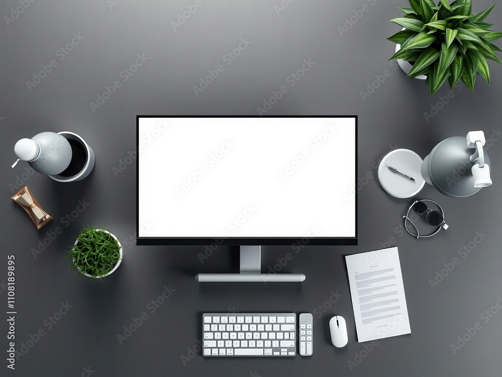 Wall mural modern and sleek desktop vector mockup with computer screen and keyboard, top view, office, backgrou