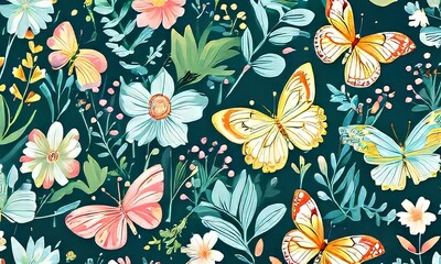 Artistic display of butterflies surrounded by bright blooms, intricate green vines, showcasing harmonious blend of colors, for uplifting artwork, decorations, greeting card, print, digital design.