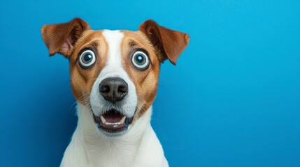 dog with surprised shocked expression eyes on isolated blue background with copy space. 