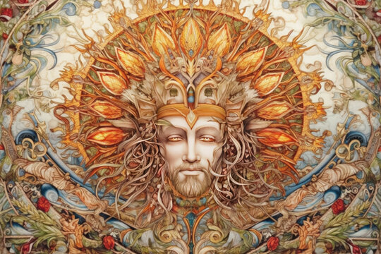 Image of the ancient Slavic pagan god of the sun Yarilo., watercolor style,  