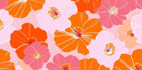 Vibrant floral pattern featuring pink and orange flowers on a soft pastel background, creating a lively and cheerful atmosphere. Perfect for fabric or wallpaper design.