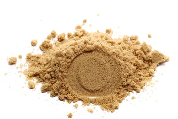 Pile brown unrefined sugar, muscovado isolated on white, side view