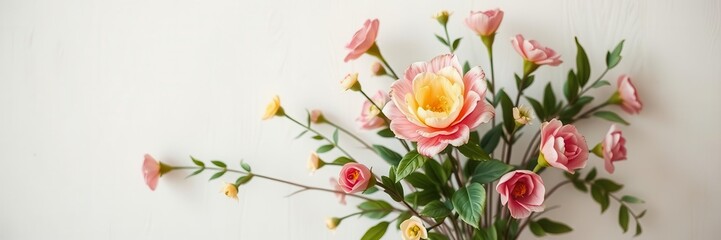 Fototapeta premium Vintage style wall covered in artificial flowers for background, bloom, botanical, aesthetic
