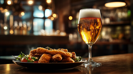 Obraz premium Close-up of a frosty glass of golden beer with a foamy head, paired with a plate of crispy fried chicken on a rustic table in a cozy bar setting