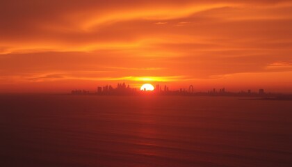 Obraz premium Fiery sunset over a city skyline, hazy horizon.