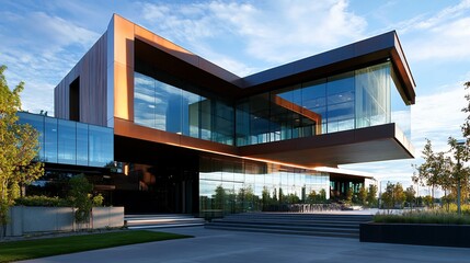 Fototapeta premium Modern glass and metal office building exterior.