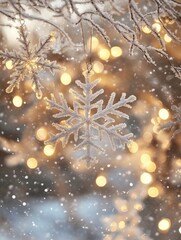 Fototapeta premium Frozen beauty of snowflakes falling in crisp detail, blurred background of cozy warm lights