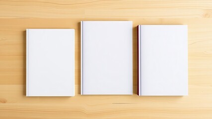 A collection of three book cover mockups in different sizes displayed on a table, print, showcase, variation