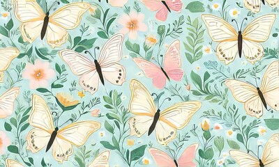 Enchanting scene featuring butterflies fluttering over vibrant flowers, creating joyful, lively atmosphere, for seasonal promotions, nature-inspired decor, decorations, greeting card, digital design.