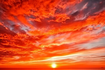 Strahlende Sonne hinter wei&szlig;en Wolken im orangefarbenen Himmel

