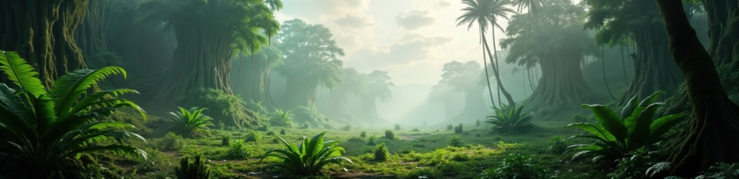 Dense prehistoric jungle landscape shows towering megaflora giant ferns, colossal flowers. Rich green plants, misty sky create vibrant scene. Huge trees with thick roots fill vista. Ideal for