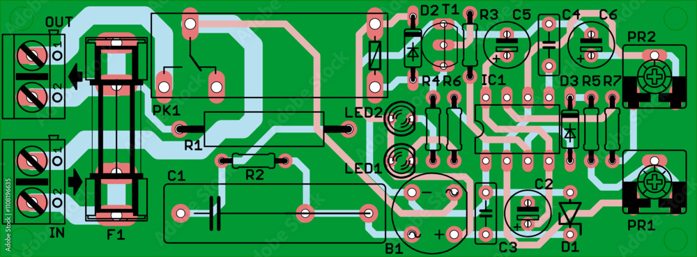 Poster vector printed circuit board of electronic device with components of radio elements, conductors and 