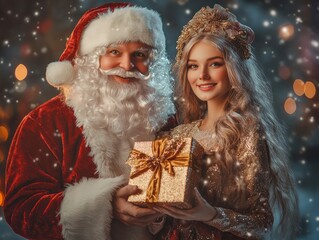 Stylish duo of Santa Claus with a designer fur-lined coat and Snow Maiden in a glamorous gown