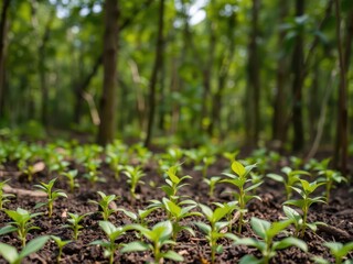 Obraz premium Coffee bean seedlings growing in a lush green natural background, representing the concept of growth and sustainability, coffee bean seedlings, outdoors