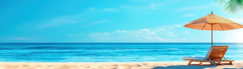 Obraz premium A serene beach scene featuring a sunbed and an umbrella under a bright blue sky, perfect for relaxation and vacation vibes.