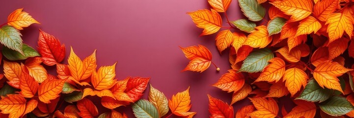 Fototapeta premium Dry orange metallic leaves arranged in a beautiful pattern on a vibrant violet background, design, autumn