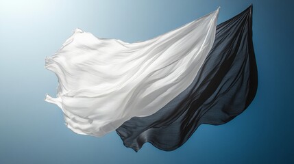 Flowing black and white fabrics against blue sky