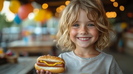 Naklejka premium Smiling caucasian child enjoying a hot dog at a festive outdoor event