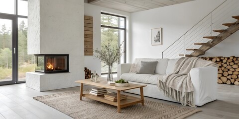 Fototapeta premium Scandinavian living room with white sofa, wooden coffee table, cozy fireplace and natural decor elements